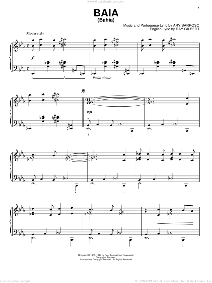 Baia (Bahia) sheet music for piano solo by Ray Gilbert and Ary Barroso, intermediate skill level