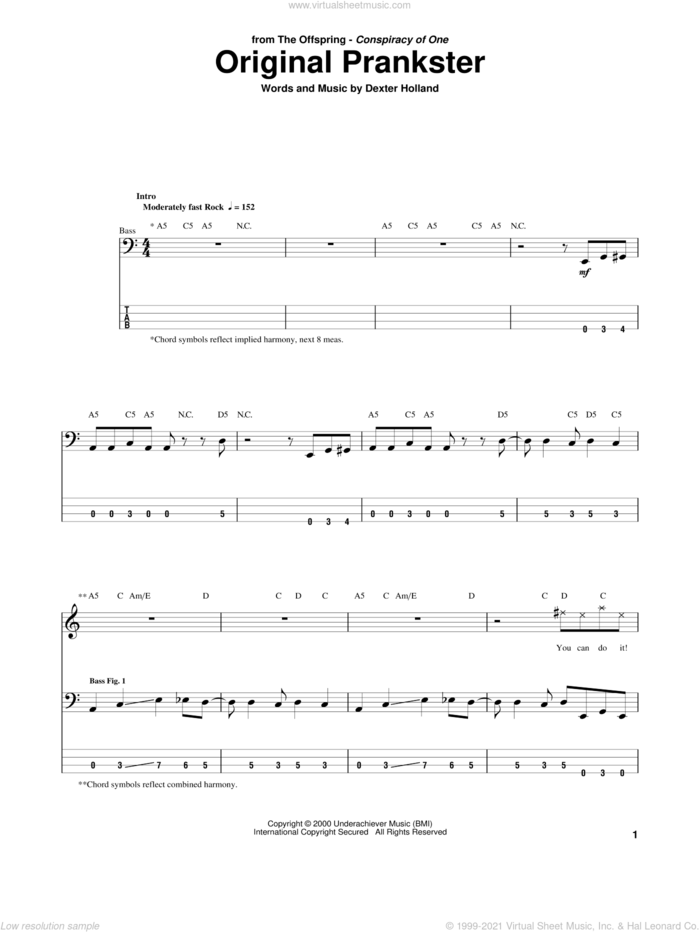 Original Prankster sheet music for bass (tablature) (bass guitar) by The Offspring and Dexter Holland, intermediate skill level