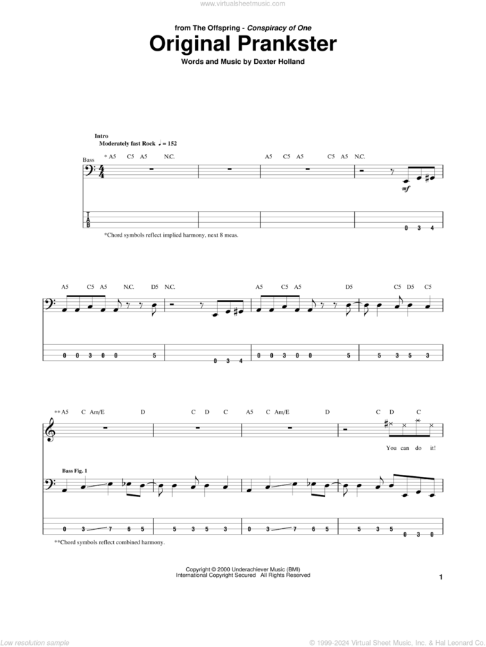 Original Prankster sheet music for bass (tablature) (bass guitar) by The Offspring and Dexter Holland, intermediate skill level