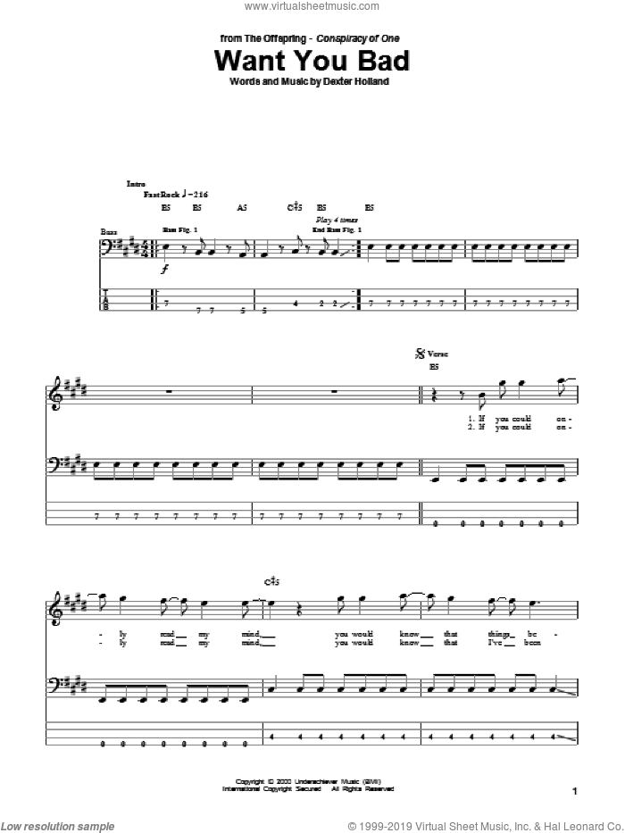 Want You Bad sheet music for bass (tablature) (bass guitar) by The Offspring and Dexter Holland, intermediate skill level