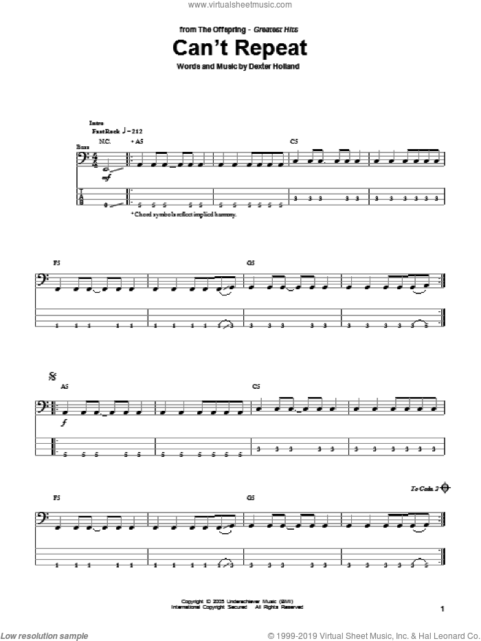 Can't Repeat sheet music for bass (tablature) (bass guitar) by The Offspring and Dexter Holland, intermediate skill level