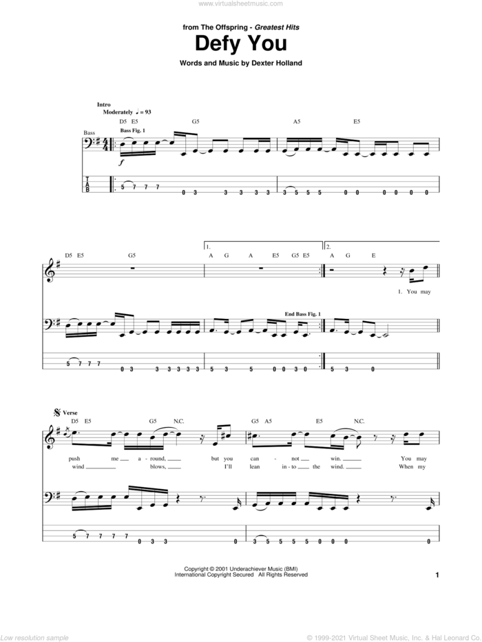 Defy You sheet music for bass (tablature) (bass guitar) by The Offspring and Dexter Holland, intermediate skill level
