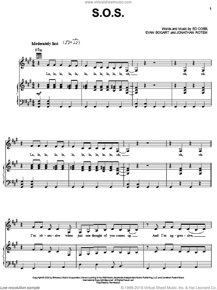 S.O.S. sheet music for voice, piano or guitar by Rihanna, Ed Cobb, Evan Bogart and Jonathan Rotem, intermediate skill level