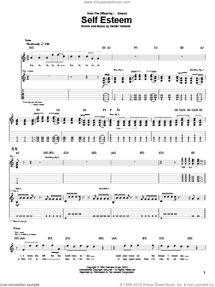 Self Esteem sheet music for guitar (tablature) by The Offspring and Dexter Holland, intermediate skill level