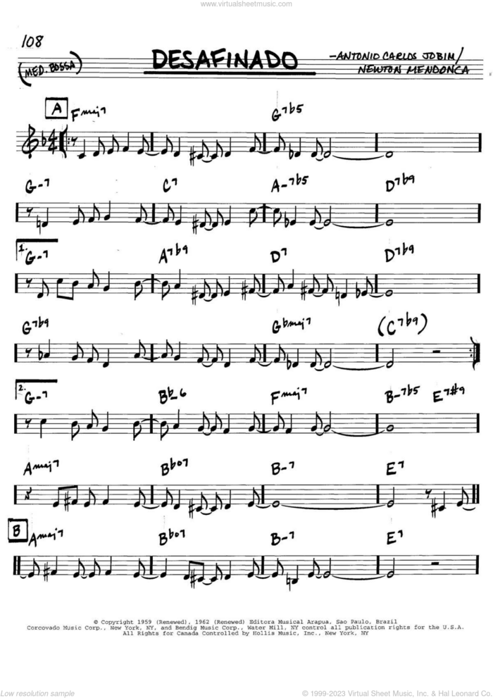 Desafinado sheet music for voice and other instruments (in C) by Antonio Carlos Jobim and Newton Mendonca, intermediate skill level