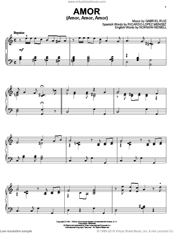 Amor (Amor, Amor, Amor), (intermediate) sheet music for piano solo by Gabriel Ruiz, Norman Newell and Ricardo Lopez Mendez, intermediate skill level