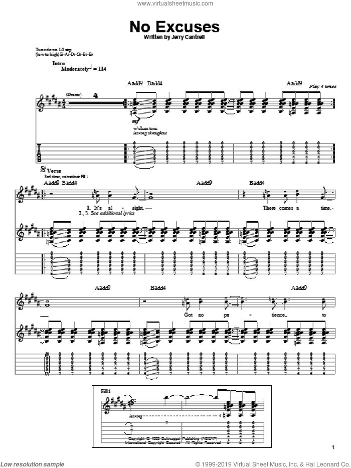 No Excuses sheet music for guitar (tablature, play-along) by Alice In Chains and Jerry Cantrell, intermediate skill level