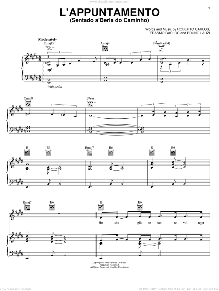 L'Appuntamento (Sentado a'Beira do Caminho) sheet music for voice, piano or guitar by Andrea Bocelli, Bruno Lauzi, Erasmo Carlos and Roberto Carlos, intermediate skill level