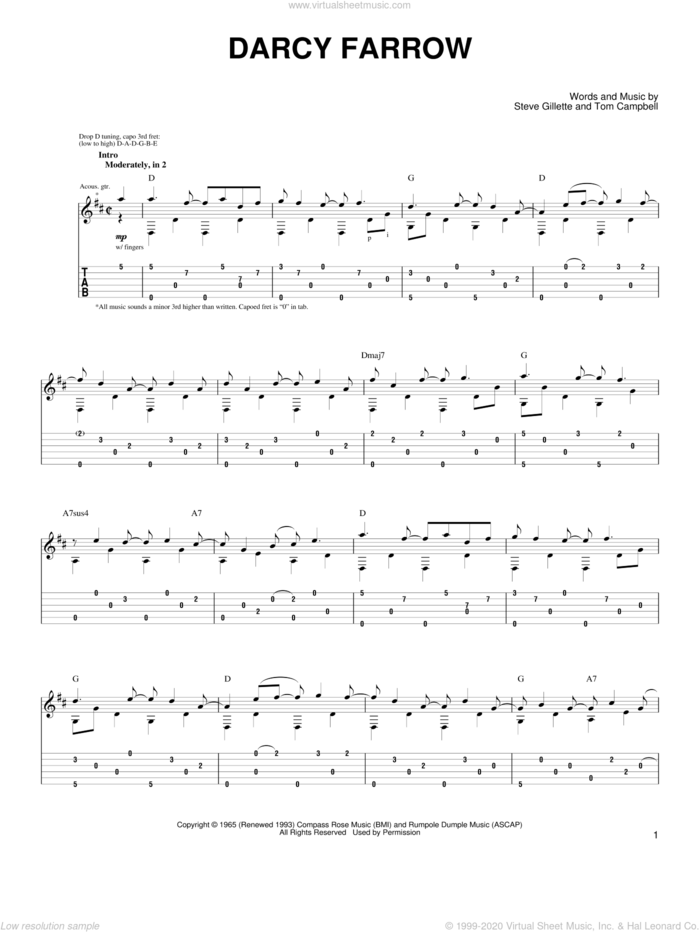 Darcy Farrow sheet music for guitar (tablature) by John Denver, Steve Gillette and Thomas Campbell, intermediate skill level