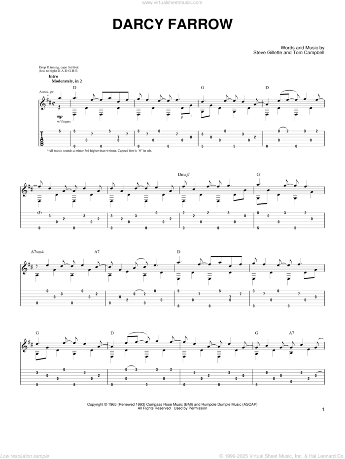 Darcy Farrow sheet music for guitar (tablature) by John Denver, Steve Gillette and Thomas Campbell, intermediate skill level