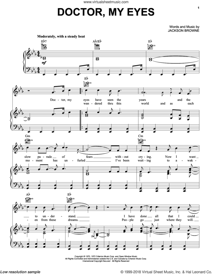 Doctor, My Eyes sheet music for voice, piano or guitar by Jackson Browne and The Jackson 5, intermediate skill level