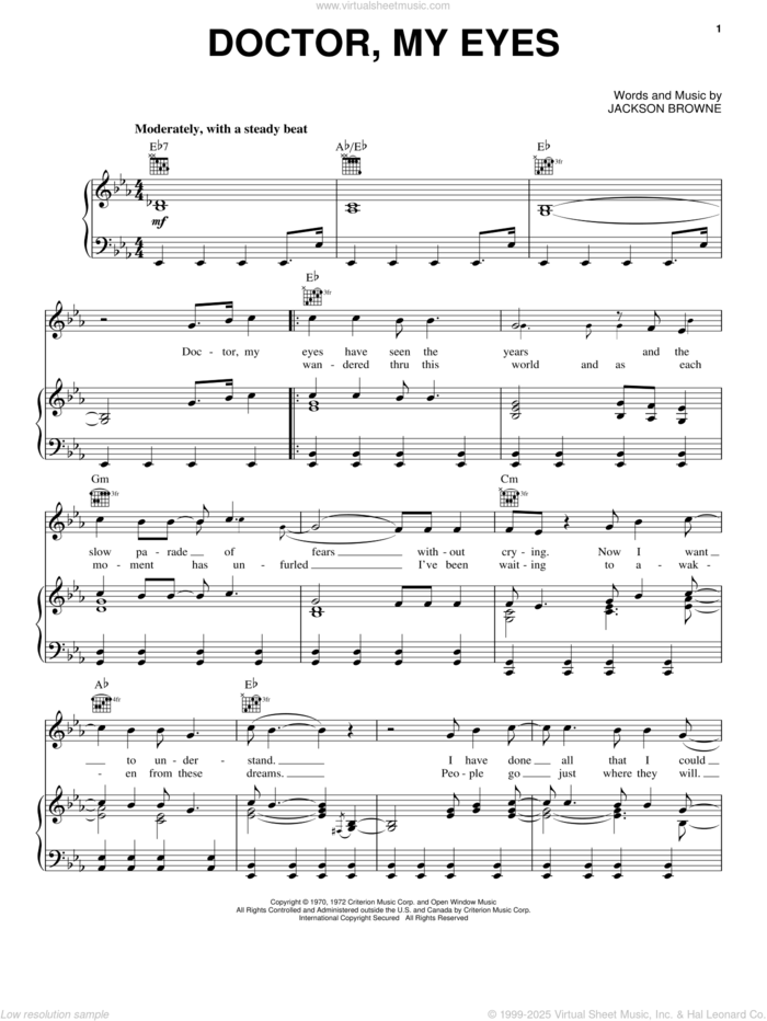 Doctor, My Eyes sheet music for voice, piano or guitar by Jackson Browne and The Jackson 5, intermediate skill level