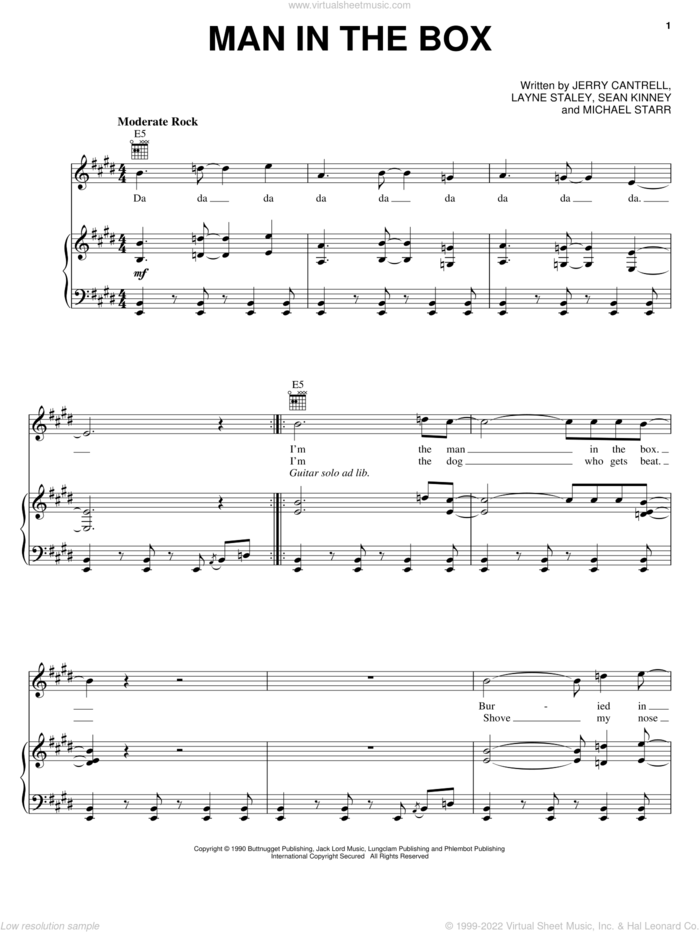 Man In The Box sheet music for voice, piano or guitar by Alice In Chains, Jerry Cantrell, Layne Staley, Michael Starr and Sean Kinney, intermediate skill level