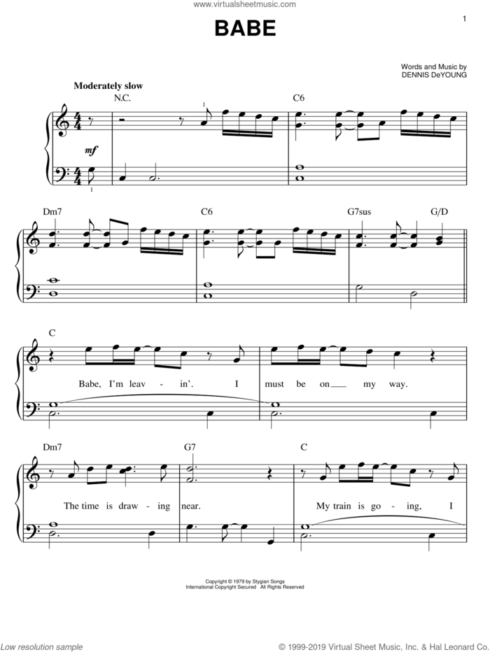 Babe sheet music for piano solo by Styx and Dennis DeYoung, easy skill level