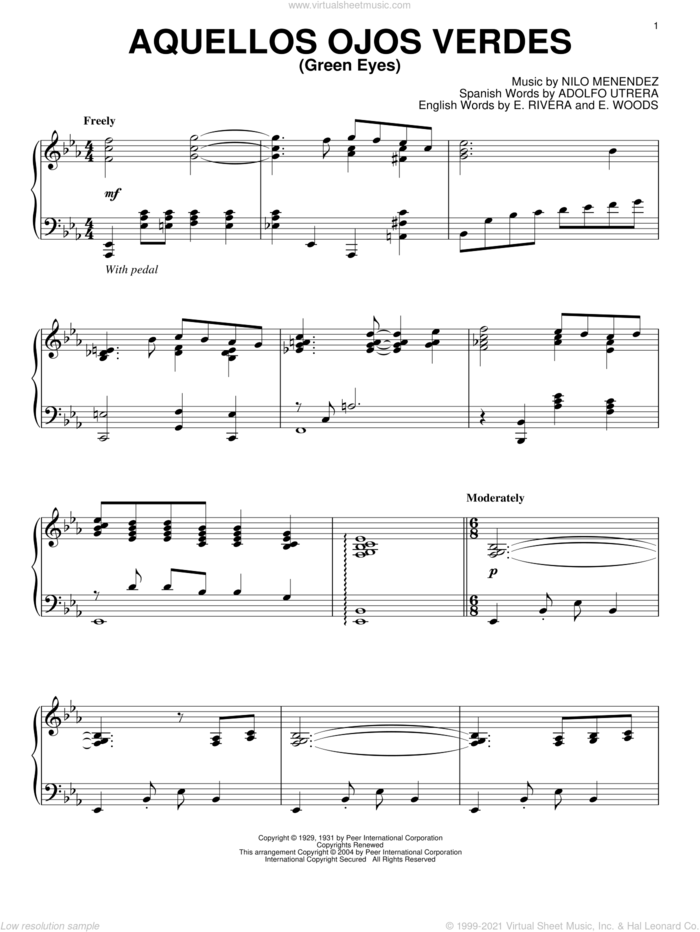 Aquellos Ojos Verdes (Green Eyes), (intermediate) sheet music for piano solo by Nilo Menendez, Adolfo Utrera, E. Rivera and E. Woods, intermediate skill level