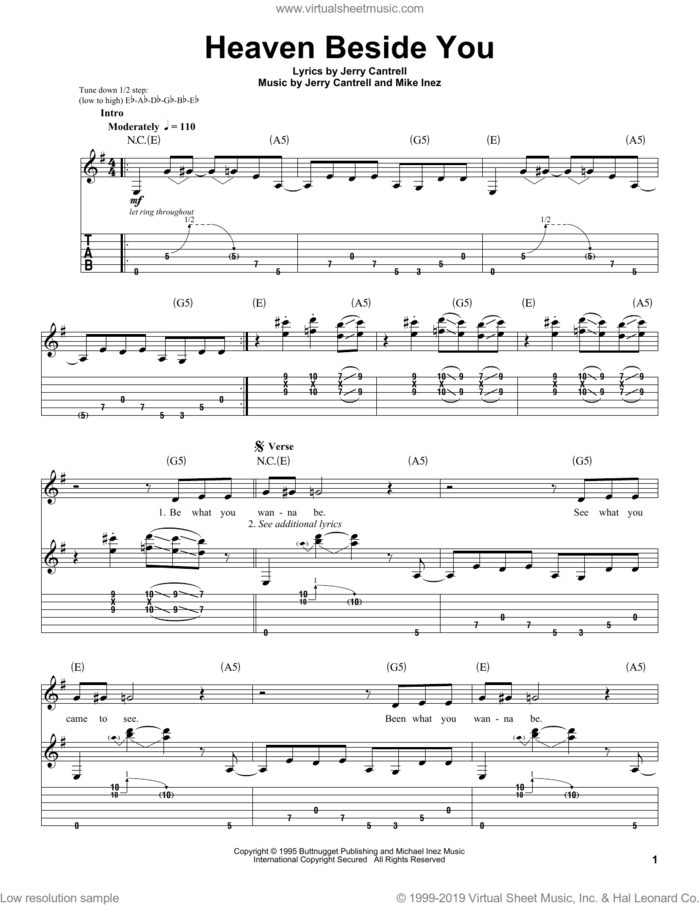 Heaven Beside You sheet music for guitar (tablature, play-along) by Alice In Chains, Jerry Cantrell and Mike Inez, intermediate skill level