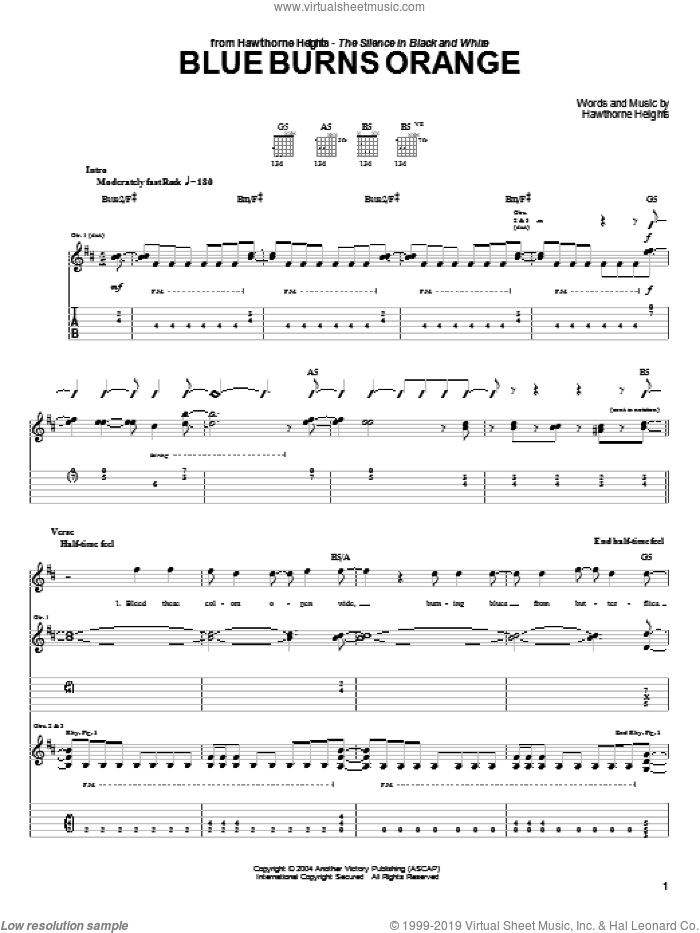 Blue Burns Orange sheet music for guitar (tablature) by Hawthorne Heights, intermediate skill level