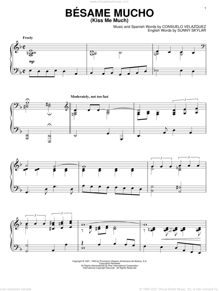 Besame Mucho (Kiss Me Much) sheet music for piano solo by Consuelo Velazquez and Sunny Skylar, intermediate skill level