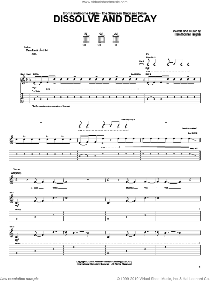 Dissolve And Decay sheet music for guitar (tablature) by Hawthorne Heights, intermediate skill level