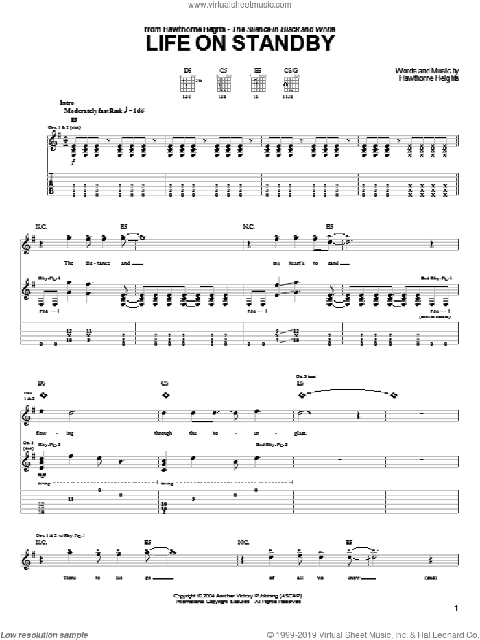 Life On Standby sheet music for guitar (tablature) by Hawthorne Heights, intermediate skill level