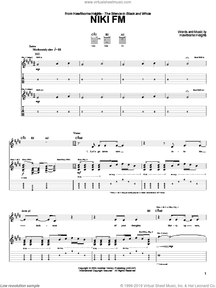 Niki FM sheet music for guitar (tablature) by Hawthorne Heights, intermediate skill level