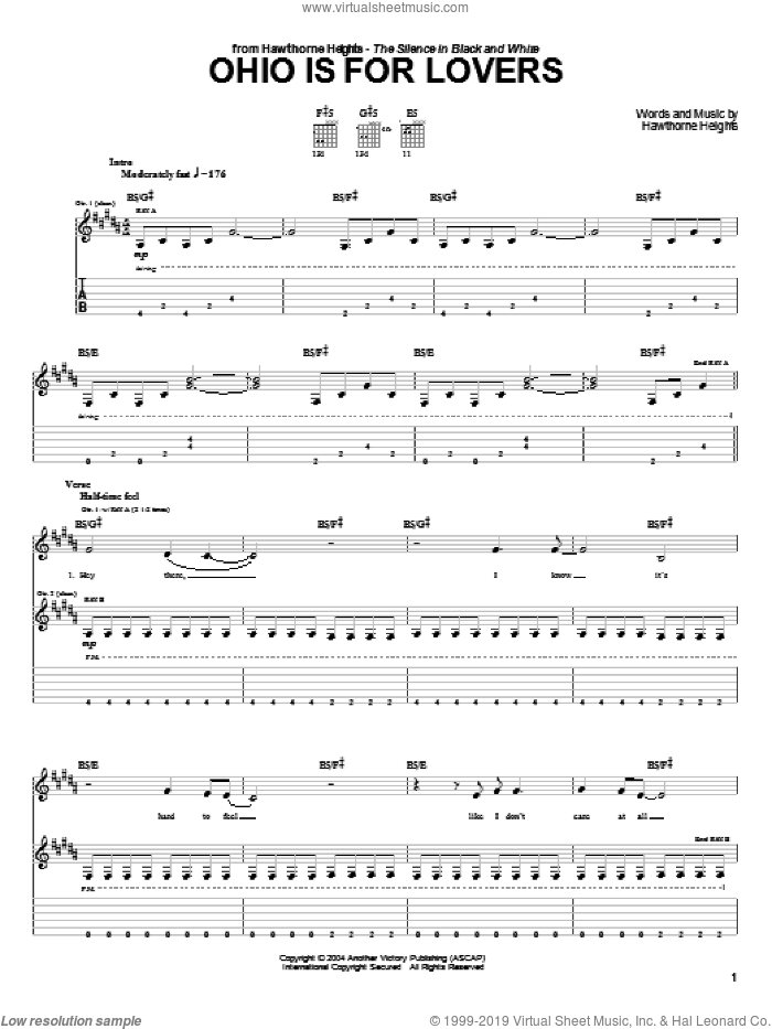 Ohio Is For Lovers sheet music for guitar (tablature) by Hawthorne Heights, intermediate skill level