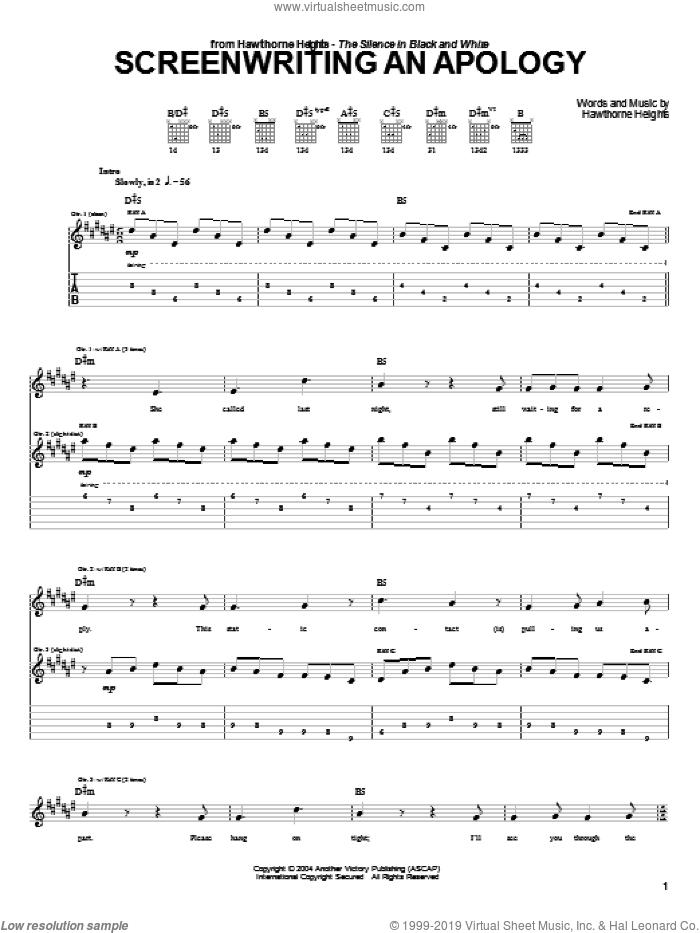 Screenwriting An Apology sheet music for guitar (tablature) by Hawthorne Heights, intermediate skill level