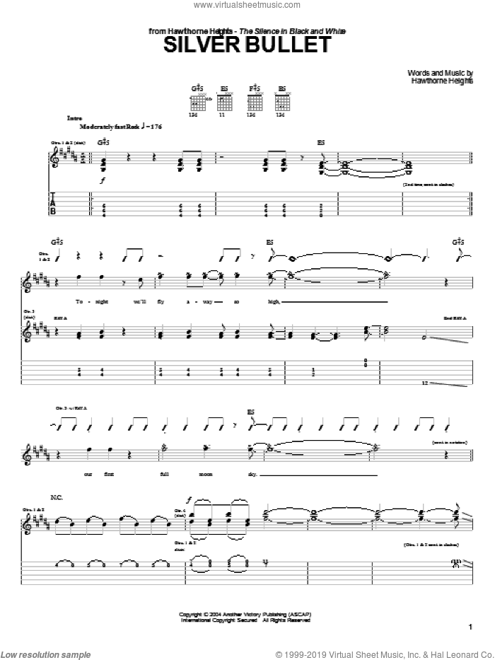 Silver Bullet sheet music for guitar (tablature) by Hawthorne Heights, intermediate skill level
