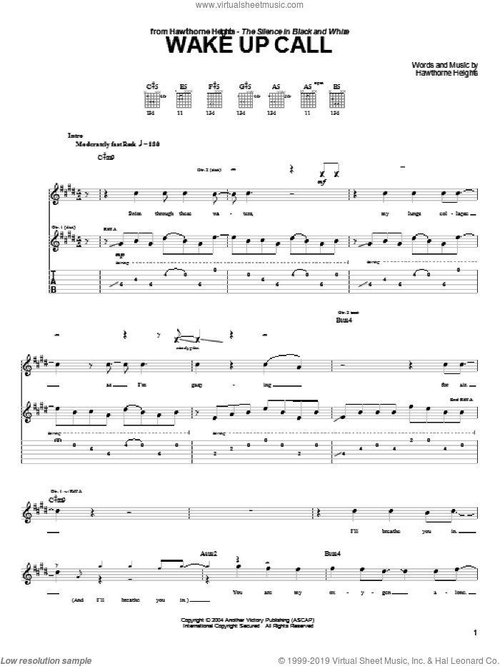 Wake Up Call sheet music for guitar (tablature) by Hawthorne Heights, intermediate skill level
