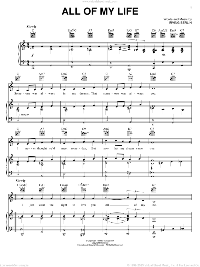 All Of My Life sheet music for voice, piano or guitar by Irving Berlin, intermediate skill level