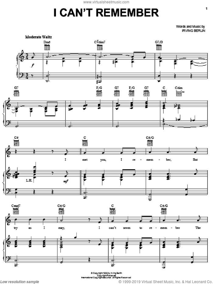 I Can't Remember sheet music for voice, piano or guitar by Irving Berlin, intermediate skill level