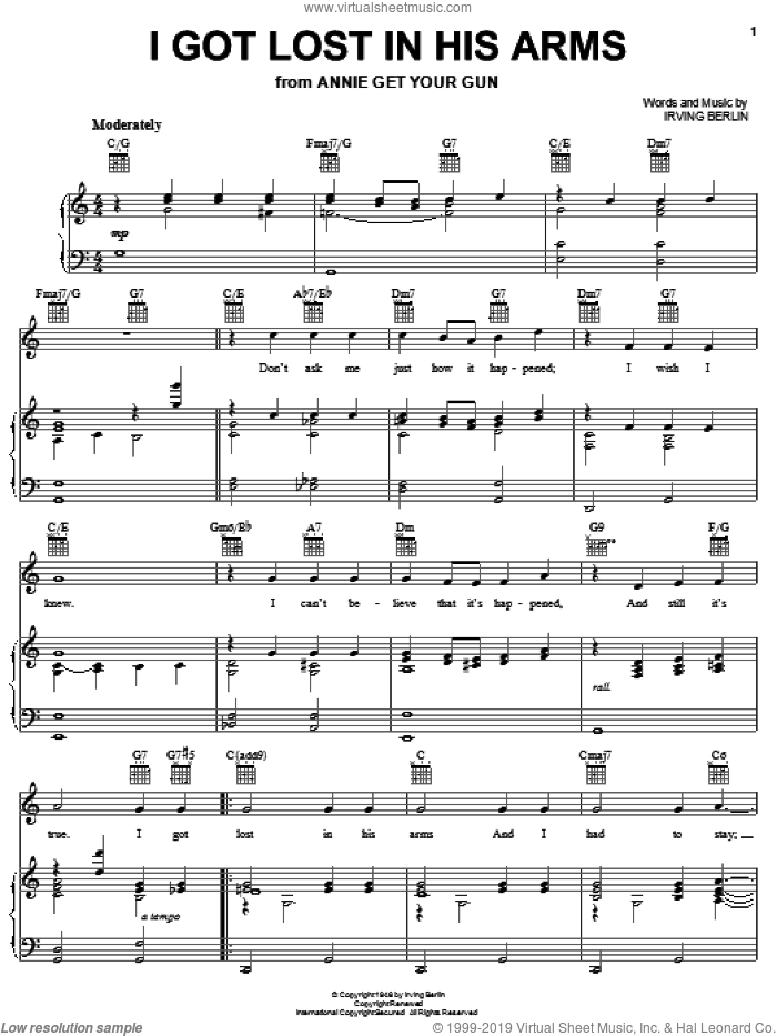 I Got Lost In His Arms sheet music for voice, piano or guitar by Irving Berlin, intermediate skill level