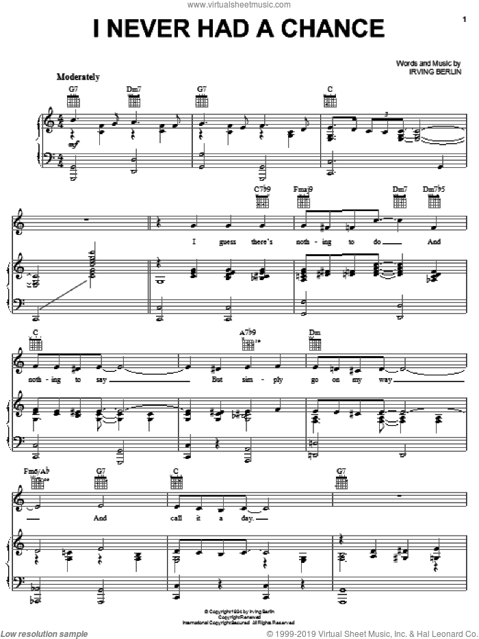 I Never Had A Chance sheet music for voice, piano or guitar by Irving Berlin, intermediate skill level