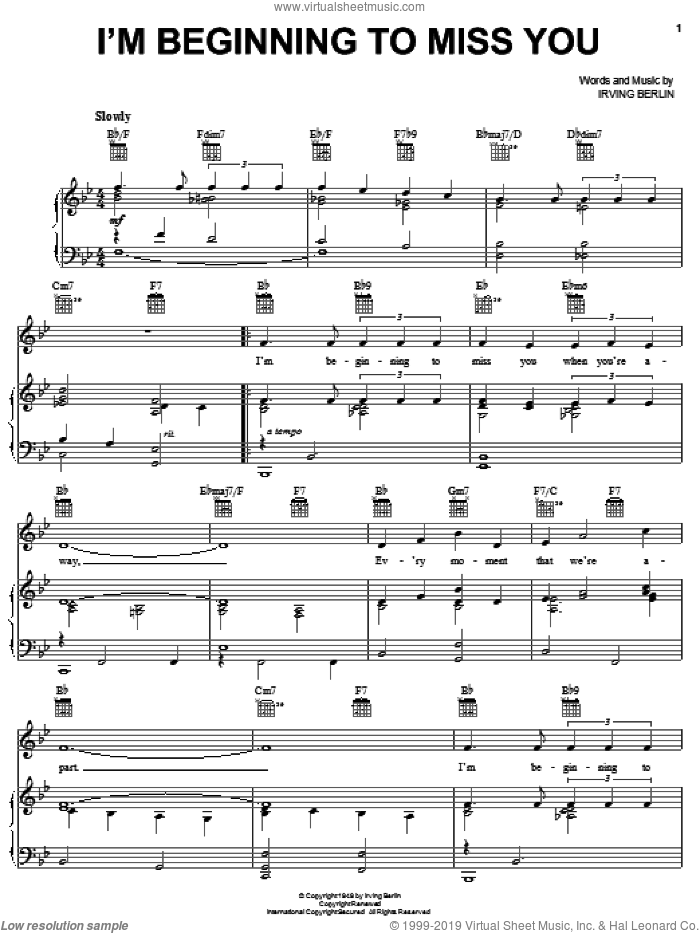 I'm Beginning To Miss You sheet music for voice, piano or guitar by Irving Berlin, intermediate skill level