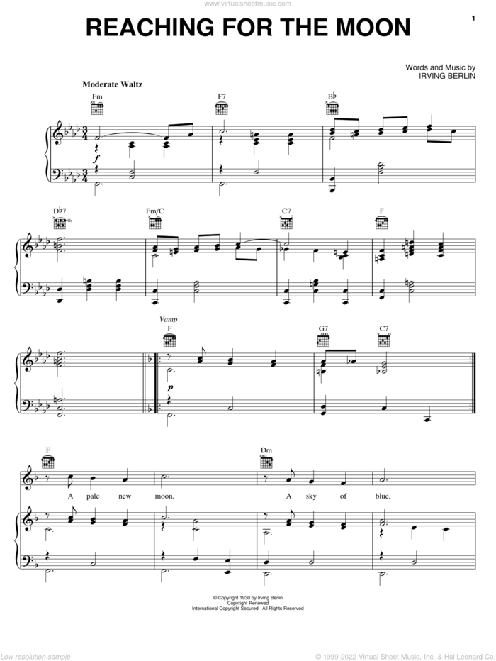 Reaching For The Moon sheet music for voice, piano or guitar by Irving Berlin, intermediate skill level