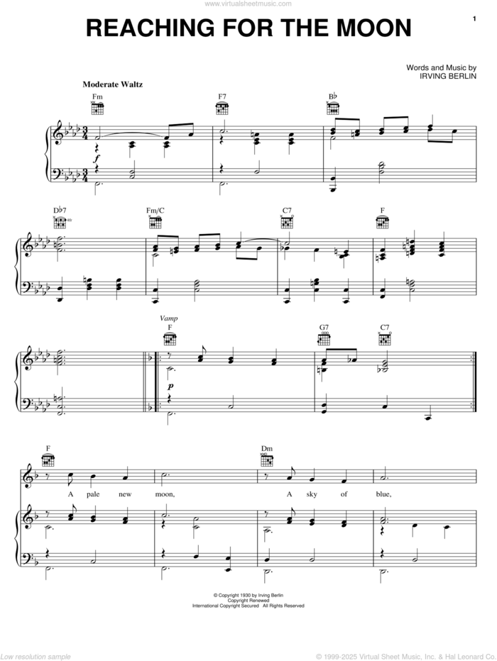 Reaching For The Moon sheet music for voice, piano or guitar by Irving Berlin, intermediate skill level