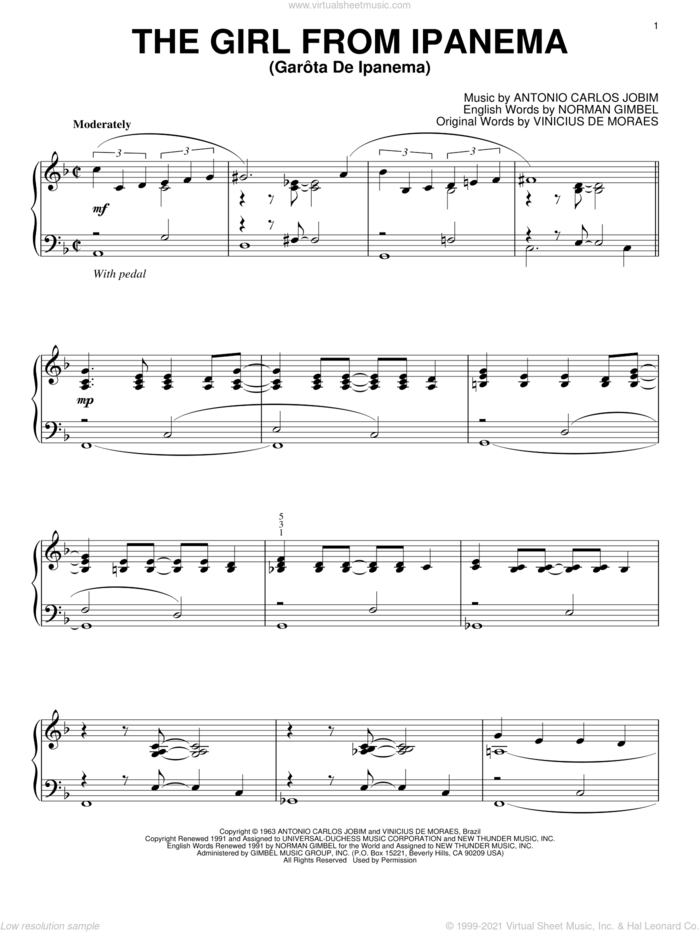 The Girl From Ipanema (Garota De Ipanema), (intermediate) sheet music for piano solo by Antonio Carlos Jobim, Vinicius de Moraes and Norman Gimbel, intermediate skill level