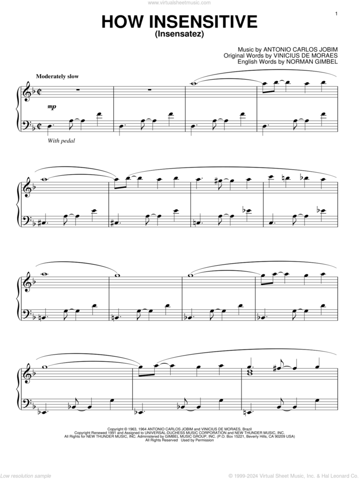 How Insensitive (Insensatez) sheet music for piano solo by Antonio Carlos Jobim, Norman Gimbel and Vinicius de Moraes, intermediate skill level