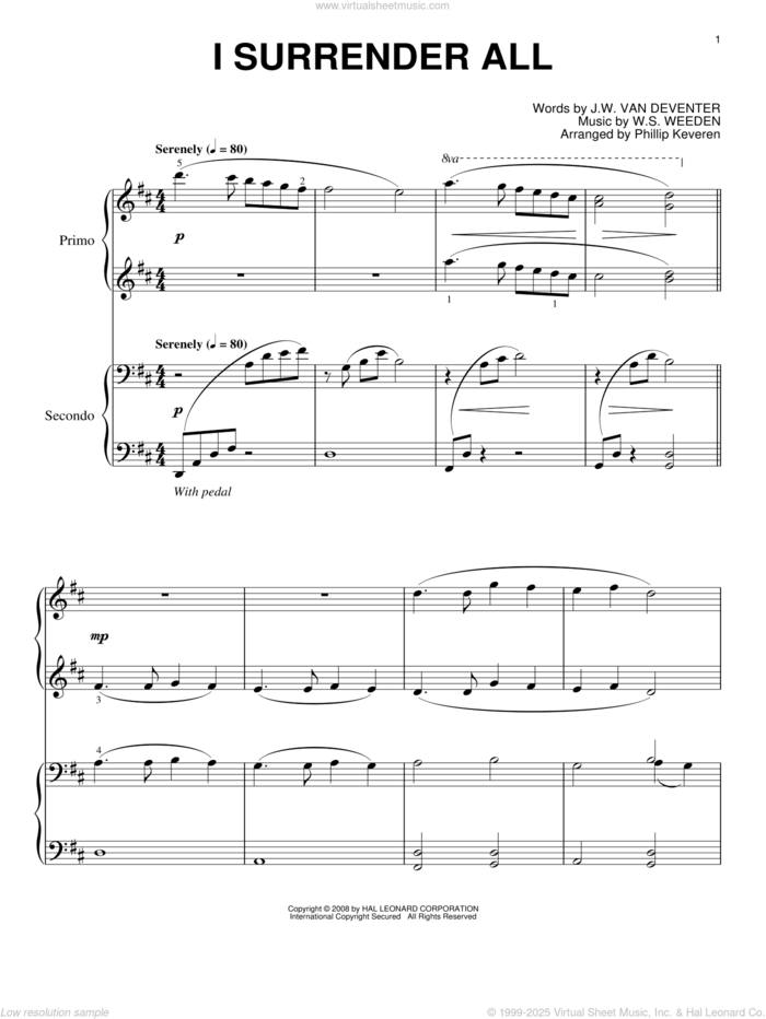 I Surrender All (arr. Phillip Keveren) sheet music for piano four hands by Judson W. Van De Venter, Phillip Keveren and Winfield S. Weeden, intermediate skill level