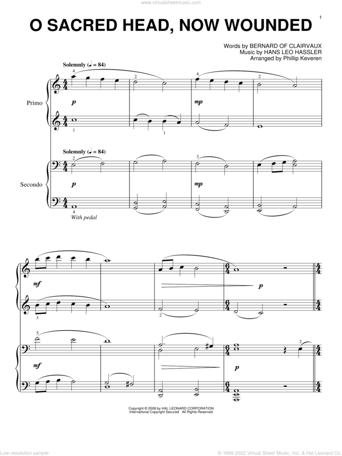 O Sacred Head, Now Wounded (arr. Phillip Keveren) sheet music for piano four hands by Bernard of Clairvaux, Phillip Keveren, Hans Leo Hassler and James Alexander, intermediate skill level