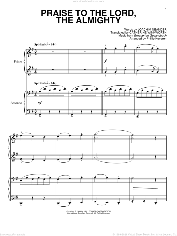 Praise To The Lord, The Almighty (arr. Phillip Keveren) sheet music for piano four hands by Joachim Neander, Phillip Keveren, Catherine Winkworth and Erneuerten Gesangbuch, intermediate skill level