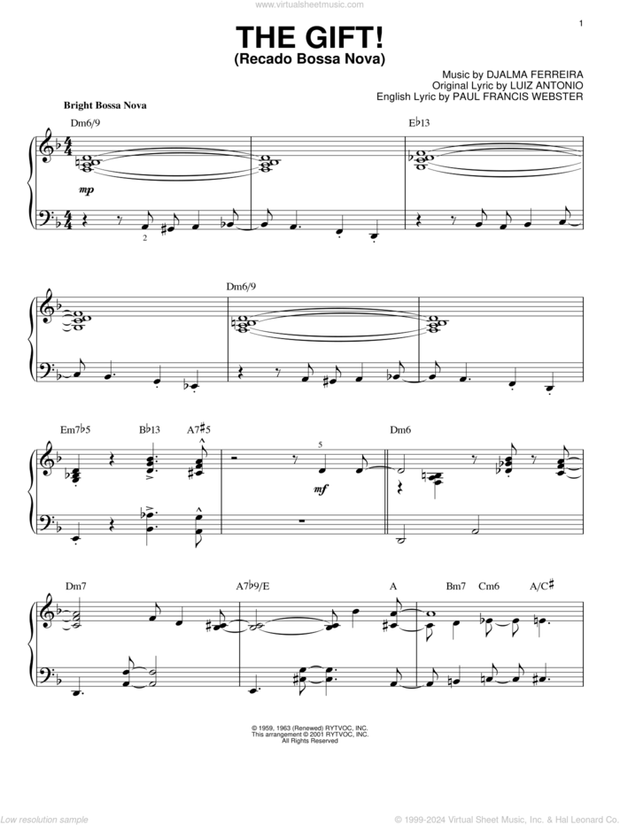 The Gift! (Recado Bossa Nova) sheet music for piano solo by Luiz Antonio, Djalma Ferreira and Paul Francis Webster, intermediate skill level