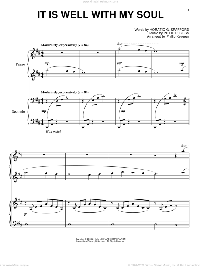 It Is Well With My Soul (arr. Phillip Keveren) sheet music for piano four hands by Philip P. Bliss, Phillip Keveren, Mahalia Jackson, Rebecca St. James and Horatio G. Spafford, intermediate skill level