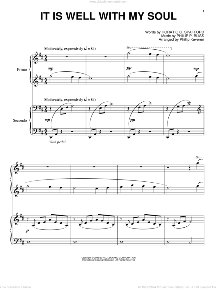 It Is Well With My Soul (arr. Phillip Keveren) sheet music for piano four hands by Philip P. Bliss, Phillip Keveren, Mahalia Jackson, Rebecca St. James and Horatio G. Spafford, intermediate skill level