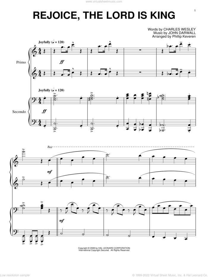 Rejoice, The Lord Is King (arr. Phillip Keveren) sheet music for piano four hands by Charles Wesley, Phillip Keveren and John Darwall, intermediate skill level
