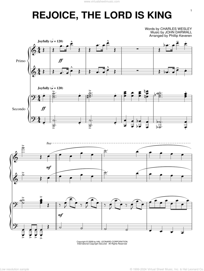 Rejoice, The Lord Is King (arr. Phillip Keveren) sheet music for piano four hands by Charles Wesley, Phillip Keveren and John Darwall, intermediate skill level