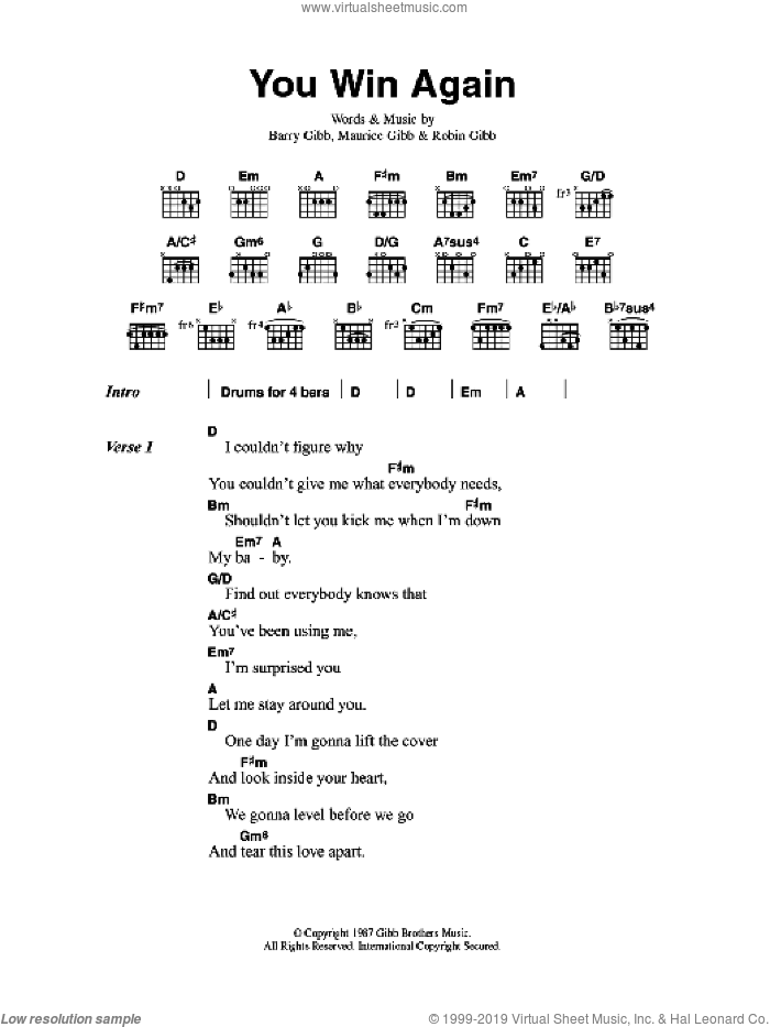 You Win Again sheet music for guitar (chords) by Bee Gees, Barry Gibb, Maurice Gibb and Robin Gibb, intermediate skill level