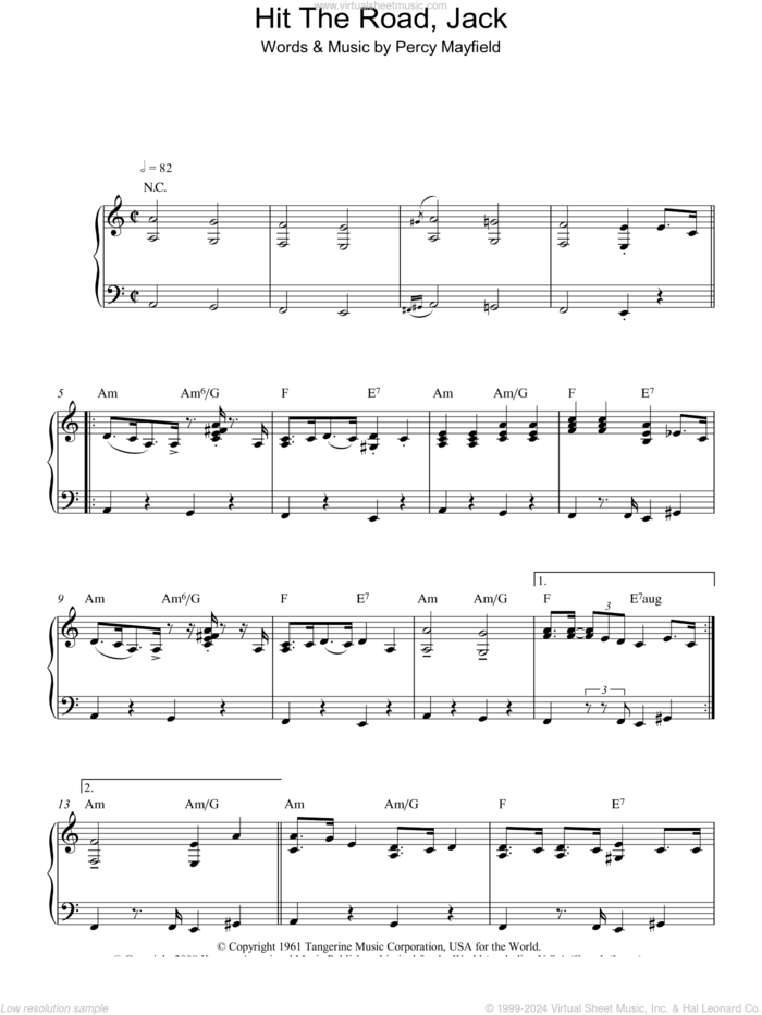 Hit The Road Jack sheet music for piano solo by Ray Charles and Percy Mayfield, intermediate skill level