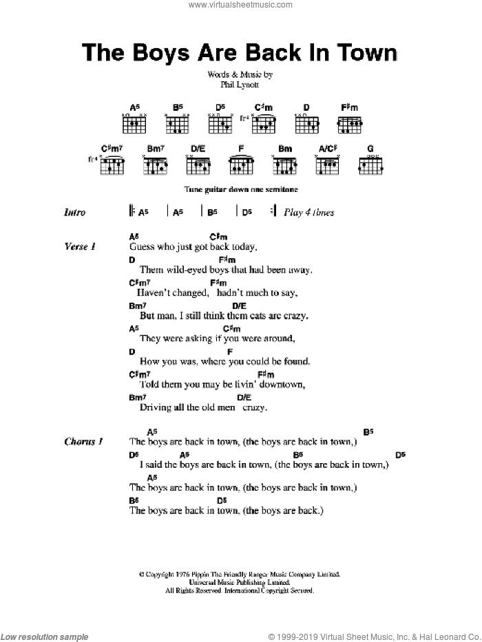 The Boys Are Back In Town sheet music for guitar (chords) by Thin Lizzy and Phil Lynott, intermediate skill level