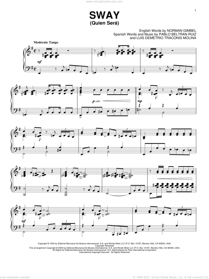 Sway (Quien Sera), (intermediate) sheet music for piano solo by Dean Martin, Norman Gimbel and Pablo Beltran Ruiz, intermediate skill level